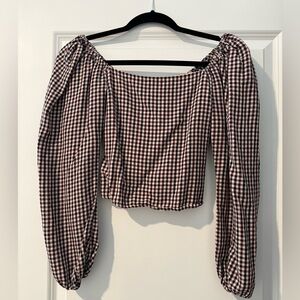 Cottagecore Brown Gingham Puff Sleeve Milkmaid Crop Top
